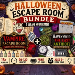 Może przedstawiać: Zestaw gier typu escape room na Halloween zawierający dwie gry do druku: Vampire Escape Room oraz Ravenwood: The Last Antidote. Kolekcja zawiera różne karty do gry, ilustracje butelek z miksturami, zamek szyfrowy oraz siatki z łamigłówkami i tekstem.