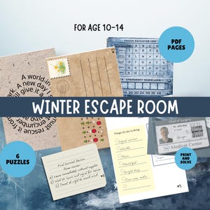 Puede incluir: Un juego de Escape Room de invierno para edades de 10 a 14 años, con seis rompecabezas y páginas PDF. Incluye una cuadrícula de navegación congelada, una lista de elementos para llevar y una tarjeta de identificación del centro médico. Imprime y resuelve.