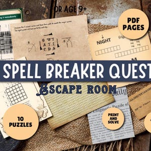Pode incluir: Imagem de um jogo de escape room "Spell Breaker Quest" com cartões de quebra-cabeças e pistas. O texto inclui "Escape Room", "10 Puzzles", "Print and Solve" e "45-60 Mins". O jogo é para maiores de 9 anos. Os cartões estão em um fundo rústico.