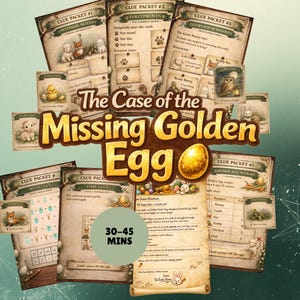 Op de afbeelding: Een verzameling geïllustreerde aanwijzingspakketten voor een spel genaamd "De zaak van het vermiste gouden ei". De pakketten bevatten dierenillustraties, tekst en een gouden ei-afbeelding. Het spel duurt ongeveer 30-45 minuten.