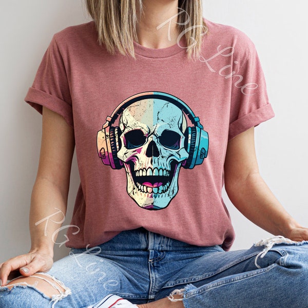 Skull with Headset Shirt, Music Lover Tee, Gift For Him or Her, Skull Graphic Tee, Pop Culture Shirt,Cool Shirt, Funky Design, Hipster style