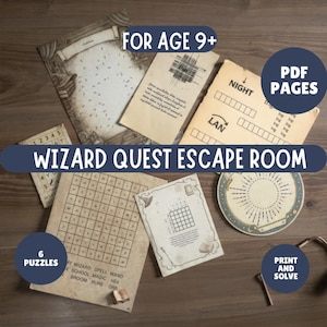 May include: A collection of vintage-style puzzle pages for a Wizard Quest Escape Room game. The image includes a variety of puzzles, such as word searches and crosswords, with text that reads "FOR AGE 9+" and "WIZARD QUEST ESCAPE ROOM".
