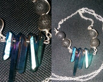 Aura Quartz with Lava beads Essential Oils necklace