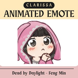 Op de afbeelding: Digitale illustratie van een geanimeerde emote met een personage met zwart haar dat een roze hoodie draagt. Het personage heeft grote ogen en een bezorgde uitdrukking. Tekst bevat "CLARISSA" en "ANIMATED EMOTE". Hieronder staat "Dead by Daylight - Feng Min".