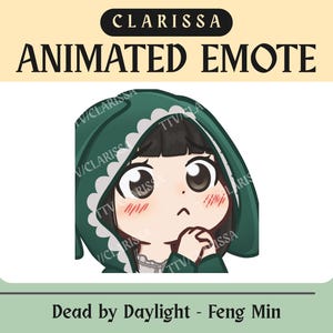 Op de afbeelding: Een geanimeerde emote met een stripfiguur met een groene capuchon en een bezorgde uitdrukking. De tekst "CLARISSA ANIMATED EMOTE" staat bovenaan. Onder de afbeelding staat de tekst "Dead by Daylight - Feng Min".