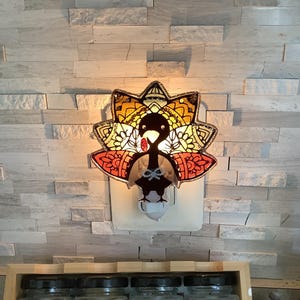 May include: A decorative turkey night light with a black body, a red wattle, and a bow tie. The turkey's tail feathers are orange, yellow, and brown with a decorative pattern. The night light is plugged into a white outlet.