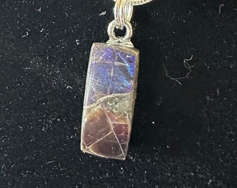 Ammolite Pendant: Fossilized Shell Stone, Silvertone Chain