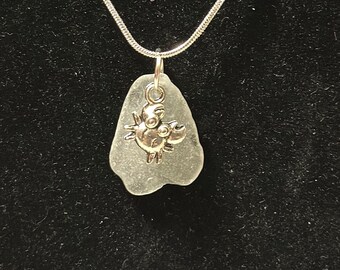 White Seaglass Pendant with Crab