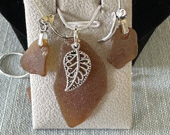 Brown Sea Glass Pendant & Earring Set