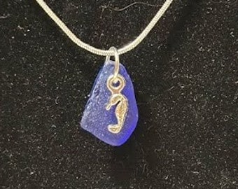 Blue Seaglass Pendant with Seahorse