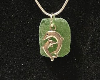 Green Seaglass with Double Dolphin Pendant