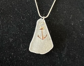 White Seaglass Pendant with Anchor