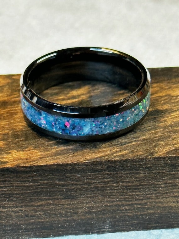 Black Ceramic Crushed Opal Inlay Ring Size 10