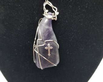 Natural Amethyst Wire-wrapped Pendant with Cross
