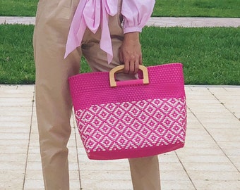 wooden button and reinforced bottom AKA colors Pinkgreen Medium Crochet bagtotebeach tote with wooden handles
