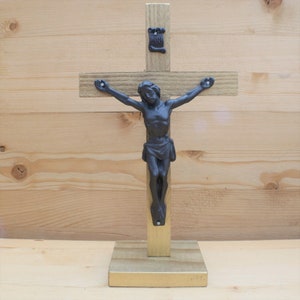 8.5&quot; Standing Crucifix Wood Gold Gunmetal Decor Christ Cross Crucifijo Catholic Mercy Cruz Made in USA Home Altar