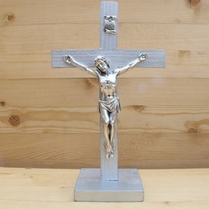 8.5&quot; Standing Crucifix Wood Metallic Silver Decor Christ Cross Crucifijo Catholic Mercy Cruz Made in USA Home Altar