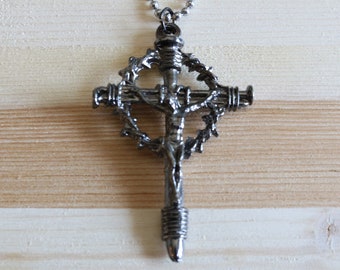Men Necklace Crown of Thorns Crucifix Gunmetal Pendant with Stainless Steel Chain 20 inches Catholic Mercy Handmade