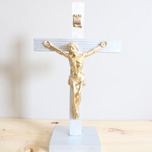 8.5&quot; Standing Crucifix Wood Metallic Silver Gold Decor Christ Cross Crucifijo Catholic Mercy Cruz Made in USA Home Altar
