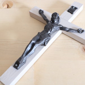 8&quot; Wall Crucifix Wood Smokey Beige Gunmetal Decor Christ Cross Crucifijo Catholic Mercy Cruz Made in USA