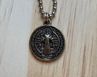 3/4" Bronze St Benedict Medal Round Men 20" Stainless Steel Chain Mary Necklace Catholic Pendant