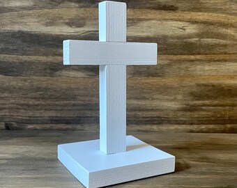 Small Standing 5" Plain Wall Cross Wood White Decor Christ Catholic Mercy Cruz Made in USA Faith Christian Home Altar