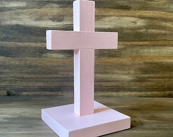 Small Standing 5" Plain Wall Cross Wood Pink Decor Christ Catholic Mercy Cruz Made in USA Faith Christian Home Altar