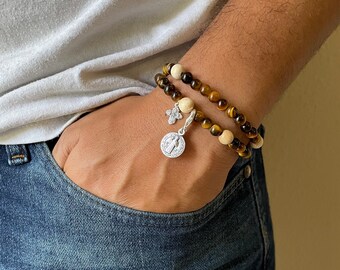 Rosary Bracelet Tigereye & Wood St Benedict Catholic Mercy Handmade Woman