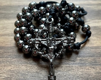 Rosary All Black Paracord Steel Beads Wearable Cross Crucifix Pray Catholic Mercy Necklace Rosario