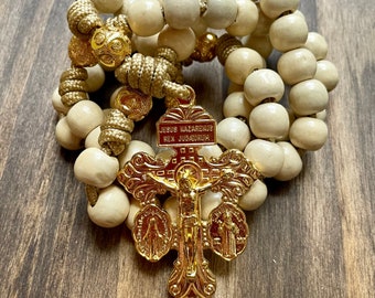 Rosary Gold Paracord Natural Wood Gold Beads Wearable Cross Crucifix Thorns Mary Pray Catholic Mercy Necklace Rosario