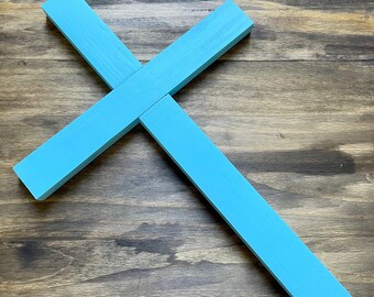 17" Plain Wall Cross Wood Aqua Decor Christ Catholic Mercy Cruz Made in USA Faith Christian