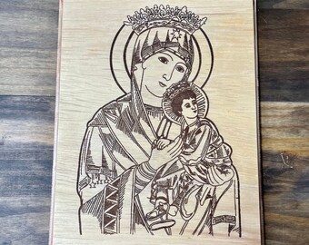Icon of Mary and the Child Jesus Wooden Engraved Wall Plaque Iconography Catholic Jesus Mary Made in USA Crucifix Cross Decor