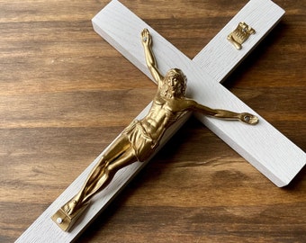 11" Wall Crucifix Wood White Metallic Gold Decor Christ Cross Crucifijo Catholic Mercy Cruz Made in USA