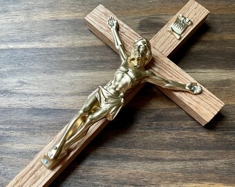 Wall Crucifix Wood Light Brown Gold 8" Decor Detailed Christ Cross Crucifijo Catholic Mercy Cruz Made in USA