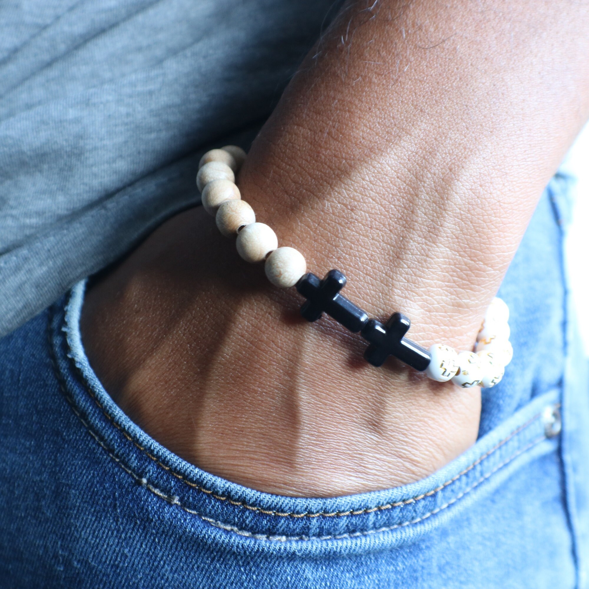 Rosary Bracelet Cross and Wood Beads Handmade Mens Catholic Etsy