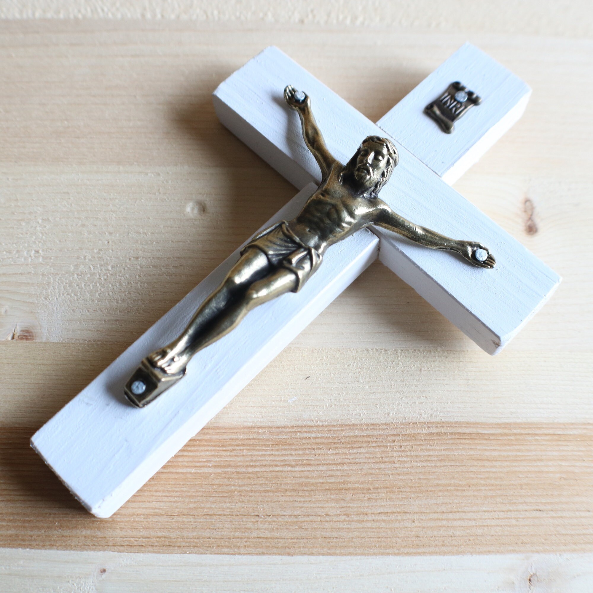 5 Wall Crucifix Wood White Bronze Decor Christ Cross Etsy