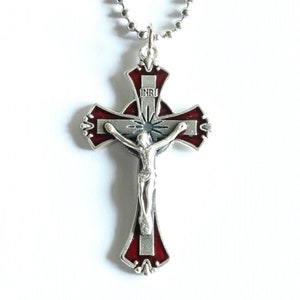 Men Necklace Crucifix with Red Enamel Pendant stainless steel Chain 20 inches Catholic Mercy Handmande