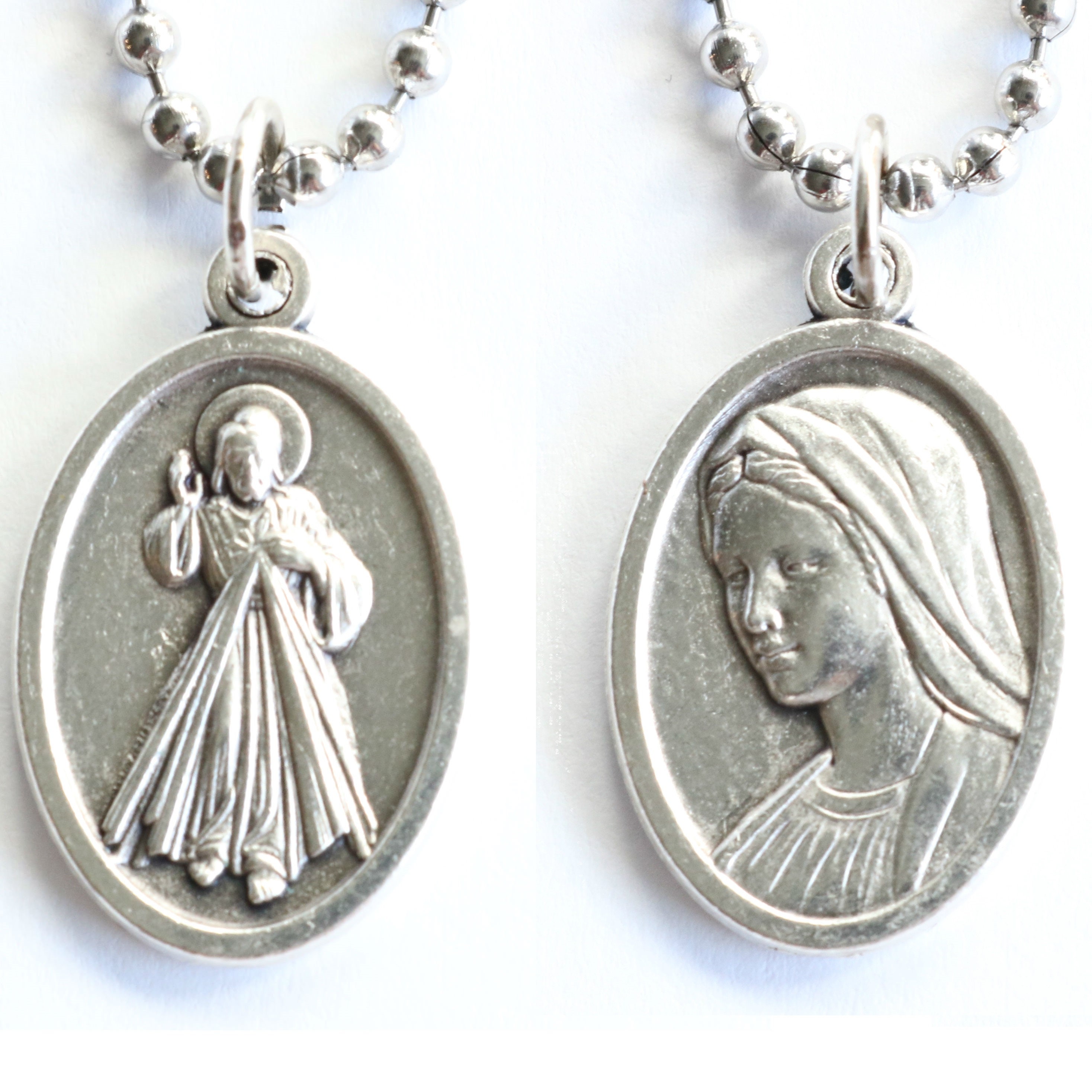 Divine Mercy & Mary Double Sided Medal Men 20" Stainless Steel Chain ...