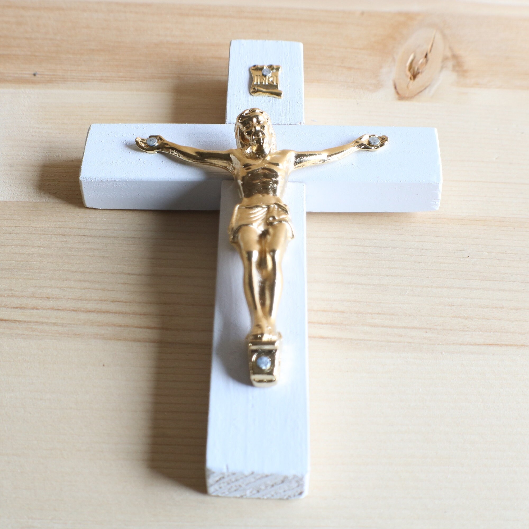 5 Wall Crucifix Wood White Gold Decor Christ Cross Etsy