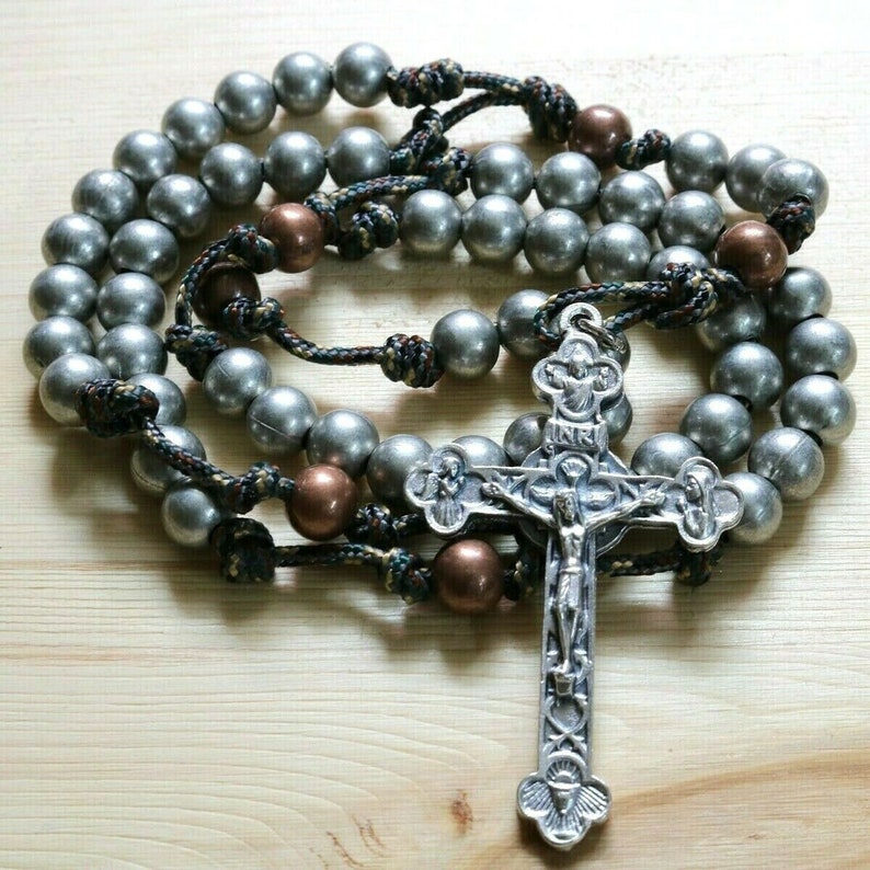 Rosary Camo Paracord Silver Steel Beads Wearable Cross Etsy