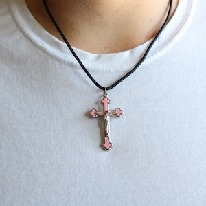 Crucifix Pendant Black Paracord Metal Pink Christ Cross Crucifix Necklace Catholic Mercy