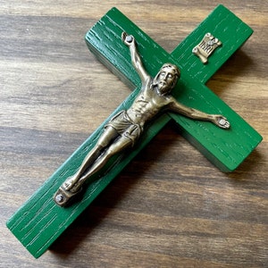 5&quot; Wall Crucifix Wood Hunter Green Bronze Decor Christ Cross Crucifijo Catholic Mercy Cruz Made in USA