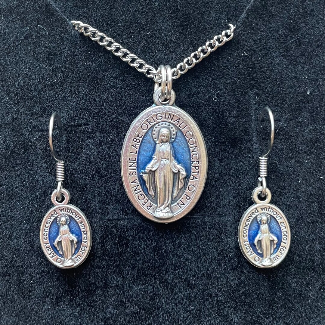 Miraculous Medal Necklace and Dangle Earring Set Blue Women 18 ...