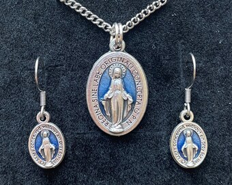 Miraculous Medal Necklace and Dangle Earring Set Blue Women 18" Stainless Steel Chain Necklace Catholic Mercy Mary Handmade