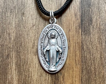 Oval Miraculous Medal Black Paracord Medal Necklace Catholic Mercy Mary