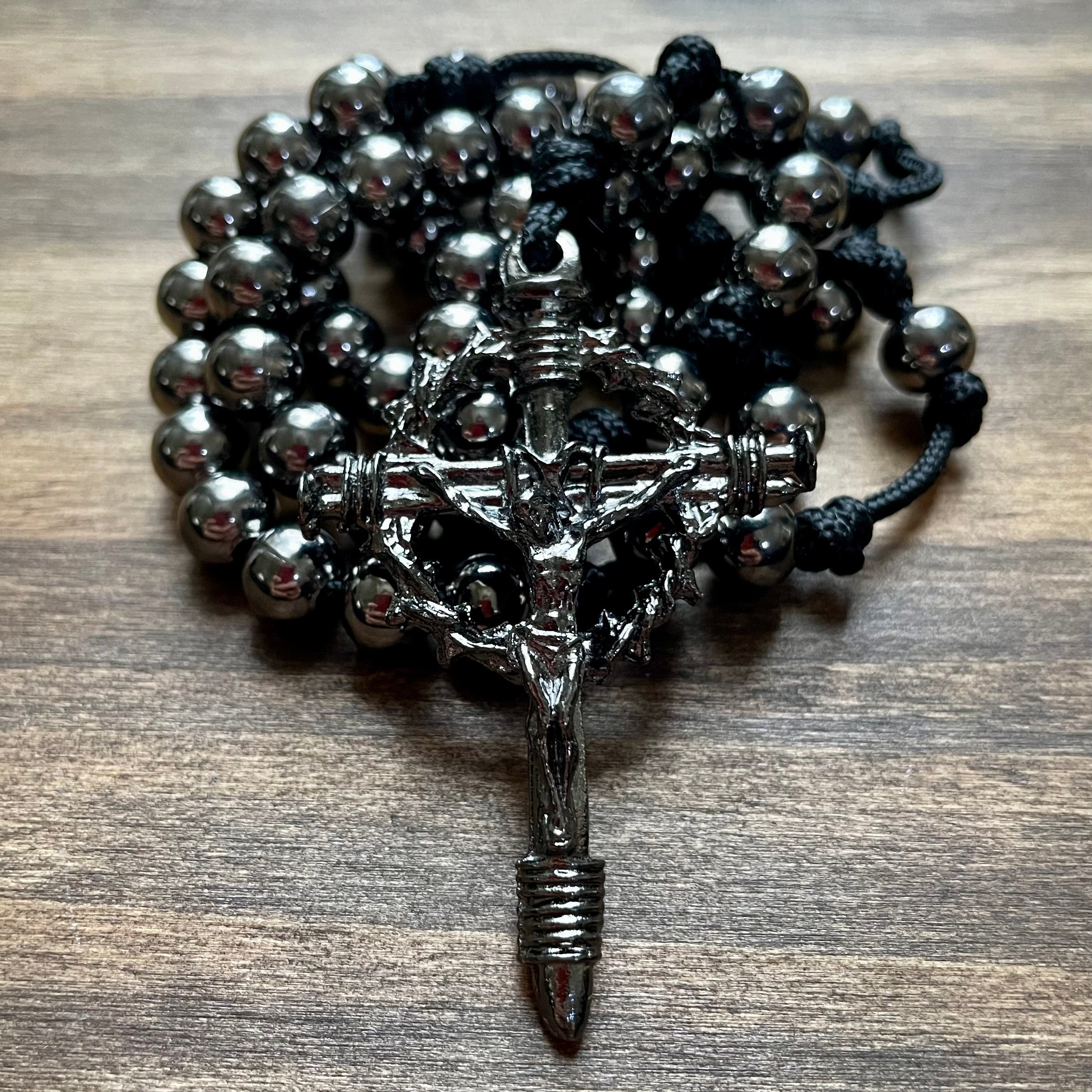 Rosary All Black Paracord Steel Beads Wearable Cross Crucifix Pray