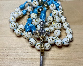 Rosary Aqua Paracord Cross Gold Steel Beads Wearable Cross Crucifix Pray Catholic Mercy Necklace Rosario