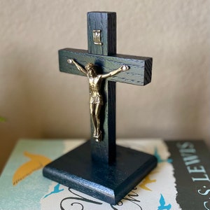 5.5&quot; Standing Crucifix Wood Black Bronze Decor Christ Cross Crucifijo Catholic Mercy Cruz Made in USA Home Altar