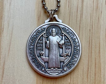 1.25" St Benedict Medal Round Men 20" Stainless Steel Chain Mary Necklace Catholic Pendant