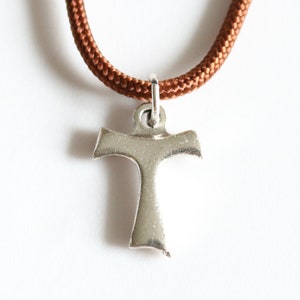 Tau Cross St Francis Pendant Brown Paracord Medal Necklace Catholic Mercy Saint